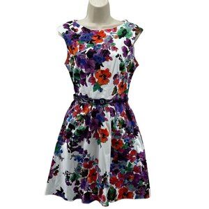 Nine & CO. Dress Womens 8 White Floral Print Cotton Boat Neck Pockets Belt
